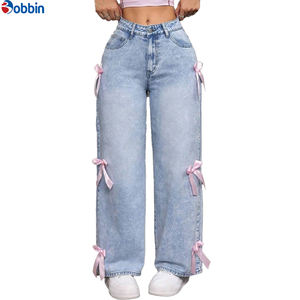 Nuevos Jeans de Moda para Mujer, Estilo Moderno, de Algodón, Anchos, Casuales, Simples, con Lazos, Lavados, de Cintura Alta, Lavables - Product Image 3