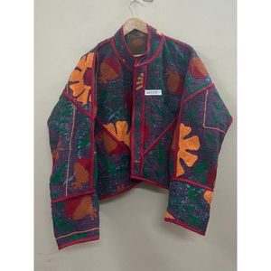 Vestes courtes brodées à la main avec motifs floraux Kantha, col mandarin, manches trois quarts, veste courte pour femmes, vêtements de printemps - Product Image 4