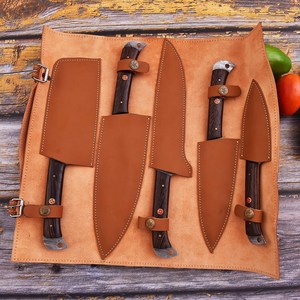 Hand Forged Damascus Steel 5-Piece Full Tang Ambidextrous Modern Dark African Wood Handle Chef <b>Knife</b> <b>Set</b> Leather Bag OEM/ODM - Product Image 4