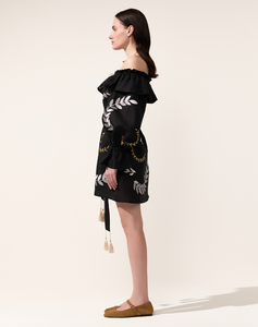 Women <b>Boho</b> Embroidered Cotton Mini <b>Dress</b> Black Leaf Print Off Shoulder Full Sleeve Tassel Tie Waist Short <b>Summer</b> <b>Dress</b> - Product Image 2