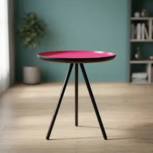 Mesa auxiliar redonda moderna con tapa rosa y patas de metal negro, muebles minimalistas para sala de estar, fáciles de limpiar - Product Image 1