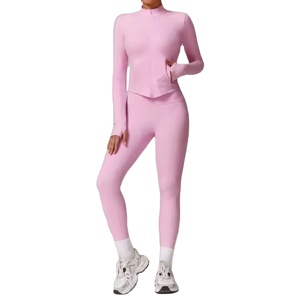 Ensemble de yoga rose 3 pièces : Leggings taille haute, haut zippé à col rond, longueur intégrale, sans coutures, respirant, écologique, séchage rapide - Product Image 1