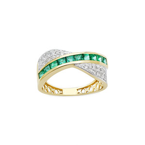 Anillo de Oro Amarillo Sólido de 14K con Esmeraldas y Diamantes Pavé, Diseño Cruzado de Banda Ancha, Joyería Fina al por Mayor, Anillo Personalizado con Gemas Auténticas para Mujer - Product Image 1