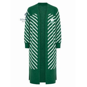 Iota Phi Lambda Women's Longline Open Front <b>Cardigan</b> Green White Striped Ribbed Cuffs Embroidered Duster <b>Sweater</b> With Side Slit - Product Image 1