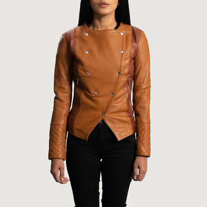 Women's Brown PU Leather Knitted Winter Moto <b>Jacket</b> Full Sleeve Quilted Double Breasted Zipper Closure - Product Image 2