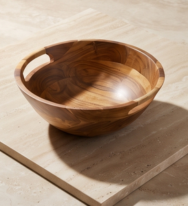 Bol de service en bois de manguier finition naturelle, grand saladier en bois avec poignée intégrée et revêtement en rotin - Product Image 5