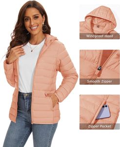 <b>Pink</b> Quilted Hooded <b>Jacket</b> Women Full Sleeve Zipper Closure Solid Color Autumn Lightweight Puffer Coat - Product Image 6