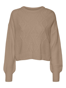 Women's Crew Neck Cable Knit Acrylic Casual Pullover Sweater Regular Sleeve Full Length Taupe <b>Brown</b> - Product Image 3