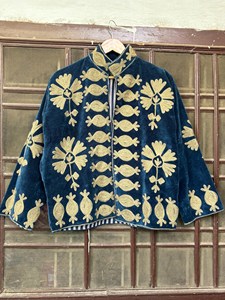 Premium Blue <b>Velvet</b> Embroidered Suzani <b>Jacket</b> With Floral Golden Threadwork Boho Full Sleeve Stand Collar Women's Winter Coat - Product Image 1