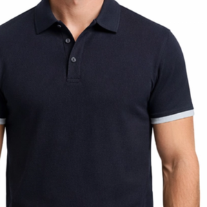 Polo premium azul marino para hombre con ribete de manga en gris claro, manga corta, deportivo. - Product Image 3