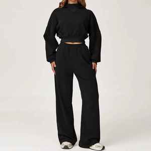 Ensemble de survêtement pour femme en molleton bouclette marron, deux pièces : pantalon ample à taille élastique et sweat à capuche oversize à épaules tombantes - Product Image 3