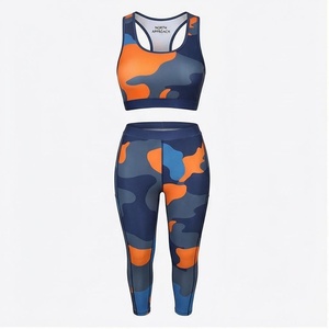 North Approach 2 Piece Yoga Set Camouflage Print Racerback <b>Crop</b> Top High Waist Full Length <b>Leggings</b> Breathable Spandex Polyester - Product Image 1