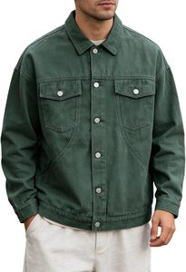 Veste en jean décontractée pour homme, vert foncé, col rabattu, boutonnée, avec poches - Product Image 6