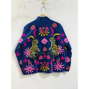 High Quality <b>Velvet</b> Floral <b>Jacket</b> <b>Women's</b> Mandarin Collar Full Sleeve Autumn Style Handmade Open Stitch Design 100% Cotton - Product Image 2