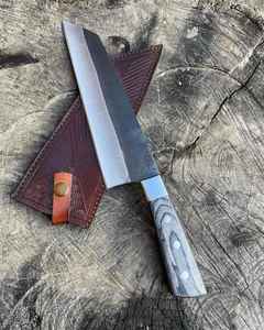 Couteau de chef Kiritsuke forgé à la main, 8 pouces, acier carbone, dos droit, manche en bois avec étui en cuir, couteau de cuisine Bunka Santoku - Product Image 6