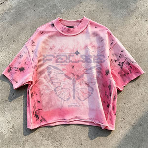 เสื้อยืดคอตตอนทรงโอเวอร์ไซส์สำหรับผู้ชาย สีชมพูวินเทจฟอกสี ย้อมสีแบบแอซิดวอช เป็นมิตรต่อสิ่งแวดล้อม ระบายอากาศได้ดี แห้งเร็ว น้ำหนัก 300 กรัม ทรงปกติ คอกลม - Product Image 1