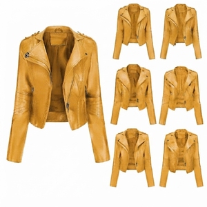 Blouson moto en cuir PU pour femme, manches longues, fermeture éclair, coupe courte, col rabattu, style motard, couleur unie, idéal pour l'automne - Product Image 4