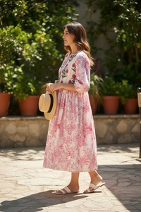 Robe longue d'été florale pour femme, décontractée, en coton imprimé, style bohème, pour les vacances à la plage, coupe ample, légère, tenue de vacances - Product Image 2