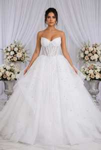 Robe de mariée moderne sans bretelles, sans manches, ornée de perles, broderie de cristaux, jupe en satin drapée, taille naturelle, coupe trapèze, grande taille - Product Image 3