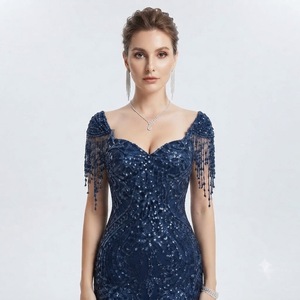 Blue Beaded Mermaid Dress Sleeveless V Neck <b>Floor</b> <b>Length</b> Formal <b>Gown</b> Sequin Party Dress for Wedding Gala - Product Image 3