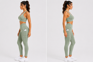 Sage Green Women Yoga Set V-Cut Scrunch Butt Leggings Cross Back Sports Bra Gym Activewear Set with Pockets - Product Image 3