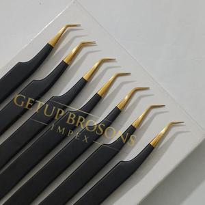 Pince à épiler pour extensions de cils en acier inoxydable dentelé à 45 degrés, revêtement noir mat, poignée dorée, logo personnalisé, beauté - Product Image 5