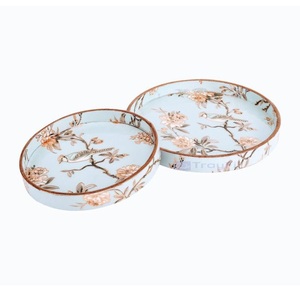 Plateau de service vintage en bois avec base à motifs émaillés pour servir le café - Product Image 6