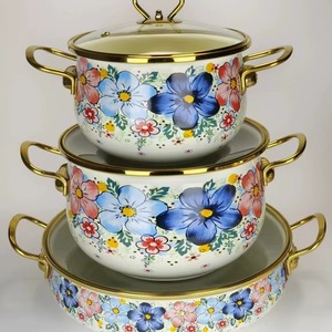 Ensemble de casseroles en émail floral avec couvercles en verre, poignées rondes en alliage de zinc durable, lavage à la main uniquement - Product Image 3