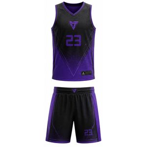 Conjunto de Uniforme de Baloncesto Sublimado Personalizado, Negro y Morado, Cuello en V, Sin Mangas, Malla Transpirable, para Adultos, Todas las Temporadas, Deportivo - Product Image 1