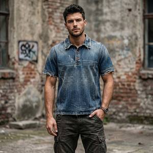 Polo de Mezclilla Vintage Personalizado para Hombre, Estilo Urbano, con Bordes Deshilachados, Manga Corta, Polo de Mezclilla Gruesa para Hombre - Product Image 1