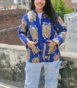 Short Layering Bomber <b>Jacket</b> Front Pockets Winter Handmade <b>Quilted</b> Cotton Reversible Block Printed Leopard <b>Pattern</b> Hooded - Product Image 2