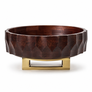 Bol à fruits en bois de manguier sculpté à la main, très demandé, avec piétement moderne en métal bronze pour une décoration de table luxueuse à la maison. - Product Image 3
