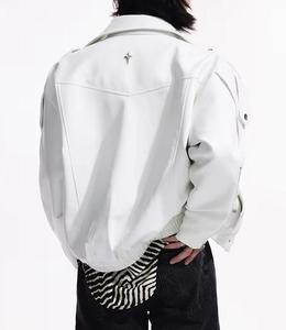 <b>White</b> PU Windproof Motorcycle <b>Jacket</b> <b>Men</b> Regular Sleeve Solid Color Turn-down Collar Zipper Closure Front Logo Winter Wear - Product Image 4
