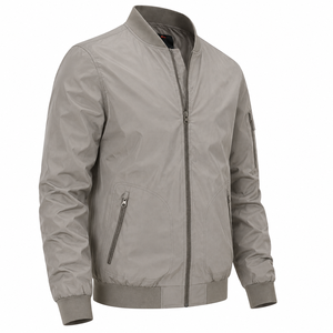 <b>Light</b> Gray Bomber <b>Jacket</b> Full Sleeve Zipper Closure Stand Collar Polyester Woven Windproof Autumn Regular Fit Silk Finished - Product Image 2