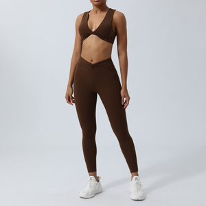 Women Solid Color Sports Bra High Waist Full Length Leggings 2 Piece Twist Design Deep Crisscross Straps Seamless Yoga Set Wear - Product Image 5