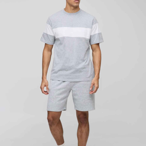 Men's Gray Color Blocking Crew Neck T-Shirt <b>Set</b> Casual Summer <b>Knitted</b> Shorts Breathable 2-Piece Outfit - Product Image 1