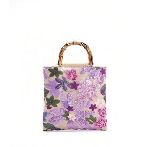 Sac à main en lin tendance avec perles et paillettes, broderie florale, poignée en bambou, sac fourre-tout pour femmes - Product Image 2