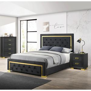 Letto Queen Size Contemporaneo Glamour con Pannello Rivestito in Tessuto Nero e Gambe Dorate, Arredamento Camera da Letto - Product Image 5