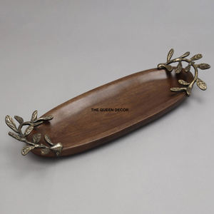 Leaf Handles Perfect for Snacks Stylish Durable Ideal for Table Decor <b>Gift</b> Elegant Wooden Serving Tray with Decorative Metal - Product Image 1