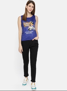 Camiseta sin mangas azul para mujer con estampado de viaje, cuello redondo, estilo casual, 100% algodón, tejido transpirable, logo frontal - Product Image 6