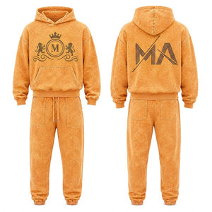 Conjunto Deportivo para Hombre, Color Naranja, Lavado Ácido, 100% Algodón, 480 gsm, Alta Calidad, con Pedrería, Pantalones Largos con Cordón Ajustable, Ropa Casual - Product Image 1