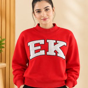 <b>Women's</b> <b>Red</b> Crew Neck <b>Sweatshirt</b> With EK Letter Print Wholesale Custom Mock Neck Sweater Greek Letter Embroidery - Product Image 1