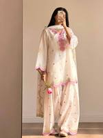 Set Pakaian Pesta Wanita Desainer Baru Mal Chandar Katun Reversibel Elastis Anti Kusut dengan Bordir Mewah Atasan Farshi Palazzo