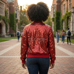 Cosh International Sisterhood Sorority Red <b>Sequined</b> Bomber <b>Jacket</b> Zipper Closure Full Sleeve Autumn Woven Polyester <b>Jacket</b> - Product Image 4