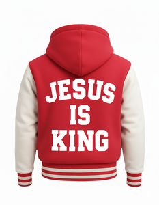 Blouson universitaire pour homme avec motif chrétien « Jésus », couronne d'épines et mains croisées - Bomber à capuche rouge et blanc pour les tenues de foi - Product Image 4