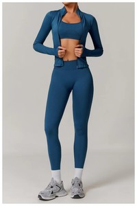Ensemble de leggings de yoga sans couture à taille haute et manches longues, col rond, couleur unie, 2 pièces, en Spandex/Nylon extensible dans les quatre sens - Product Image 3