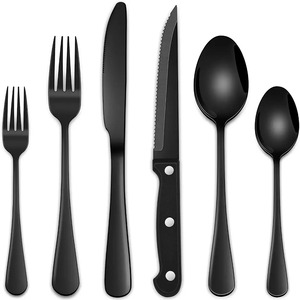 Ensemble de 40 couverts en métal noir avec couteaux à steak, fourchettes et cuillères pour dîner, couverts décoratifs classiques pour la cuisine - Product Image 1