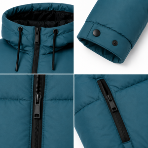 Blouson matelassé à capuche personnalisé pour homme, avec panneaux larges matelassés, fermetures éclair contrastées, coque en nylon, rembourrage 100 % polyester, streetwear d'hiver - Product Image 4