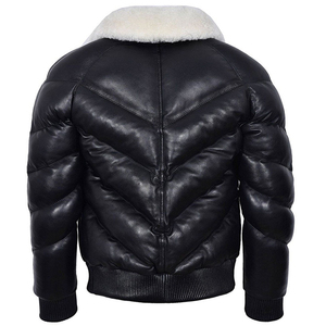 Men's Genuine Leather Bomber Jacket With Faux Fur Collar Windproof Winter Puffer Coat Regular Fit Zipper Closure - Product Image 6