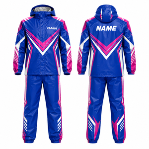 RAIN Survêtement de sport imperméable à capuche pour homme, bleu rose blanc, imprimé géométrique, blocs de couleur, revêtement PU, fermeture éclair - Product Image 1